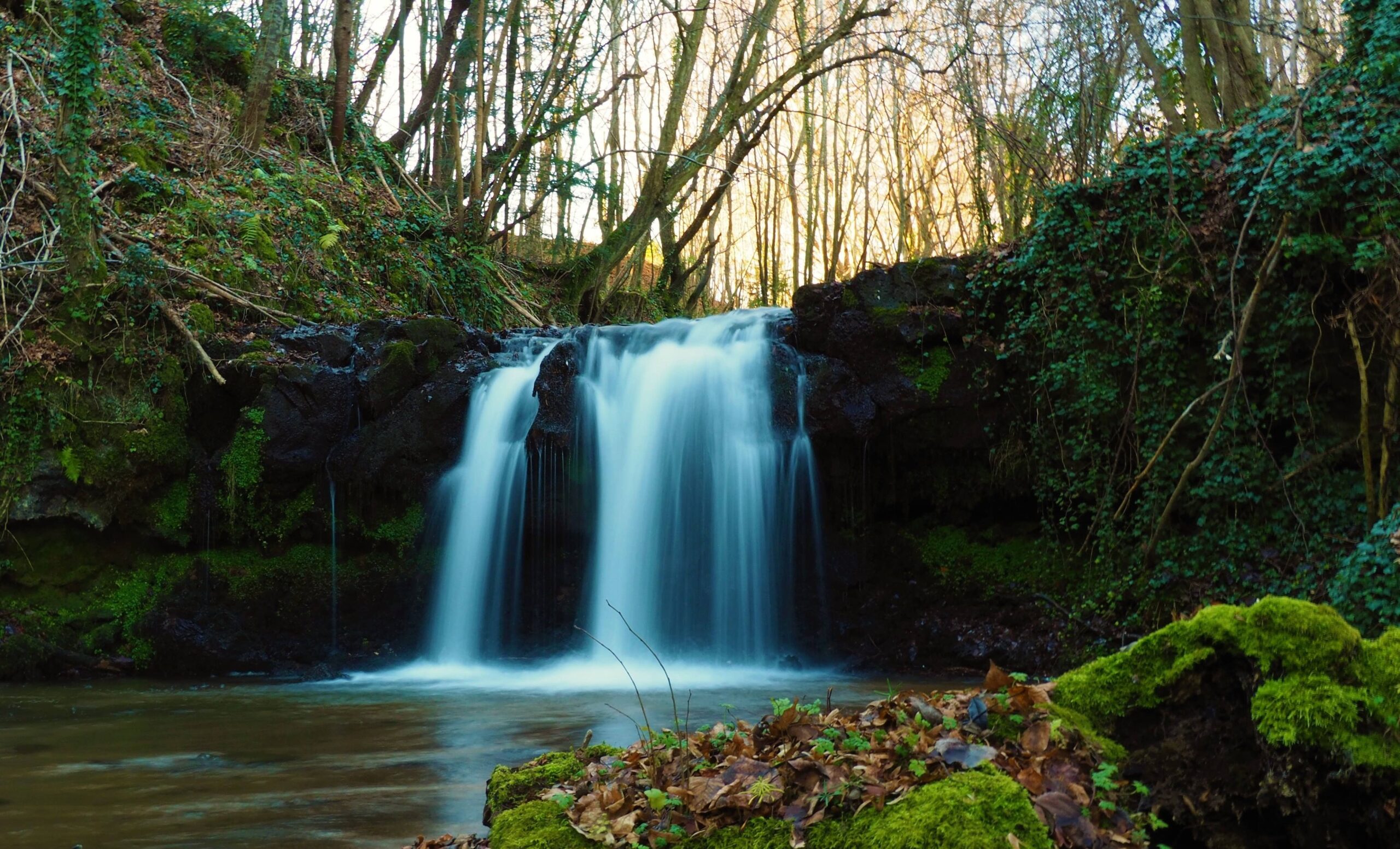 A tranquil waterfall in a lush forest with vibrant moss and flowing water.